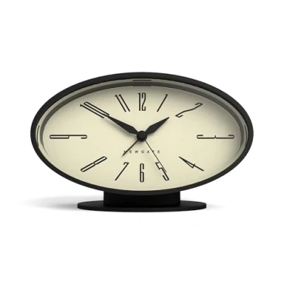 Image of NEWGATE® ‘Ronnie’ retro oval alarm clock in black soft touch silicone finish, and silent sweep movement with digital beep sound. Ideal for bedside, desks mantels.