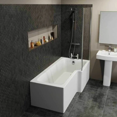 Image of Ceramica L Shaped Shower Bath Bundle 1700mm Right Hand Inc. Screen &amp; Front And End Panel