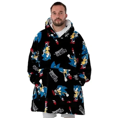 Image of SONIC THE HEDGEHOG Mens Wearable Blanket Adults Black All Over Print Fleece Hoodie Cosy 90s Nostalgic Gaming Cartoon Snuggle Hooded Pullover Game Loungewear Gift for Him