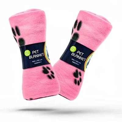 Image of 2 X Dog Blankets Washable With Paw Prints Blanket Cat Soft Warm Fleece Animals Pet Puppy Bed Travel Pack (Pink, 100cm 120cm (Pack of 2))