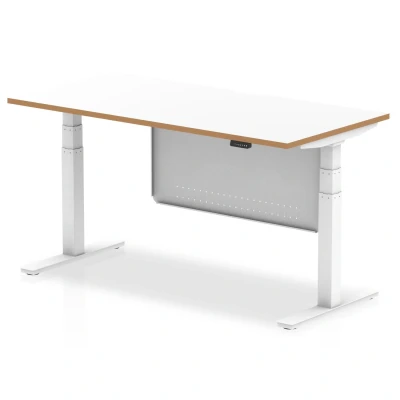 Image of Oslo 1600 Height Adjustable Desk Wood Edge White Frame Modesty Panel
