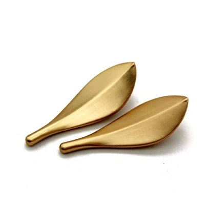Image of Mou 6Pcs Golden Leaf Knobs Handles Pulls, Fashion Art Deco Style Shaped Cabinet Wardrobe Door Two Hole
