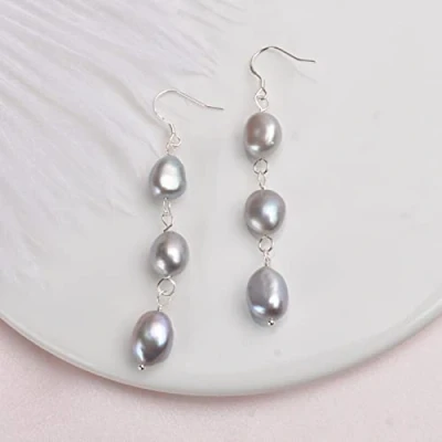 Image of LOKILOKI Natural Baroque Pearl 925 Sterling Silver Long Earrings For Women Black Freshwater Handmade Drop Earring Party Gift
