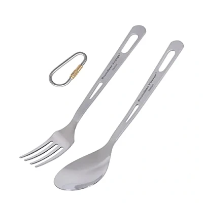 Image of iBasingo Titanium Cutlery Set Camping Fork Spoon Indoor Outdoor Ultralight Reusable Tableware Portable Travel Picnic Flatware Backpacking Kitchen Dinnerware (2 pcs/Set Ti1048T)