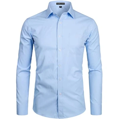 Image of PARKLEES Men&#039;s Long Sleeve Dress Shirt Solid Slim Fit Casual Business Formal Button Up Shirts with Pocket Blue XXL