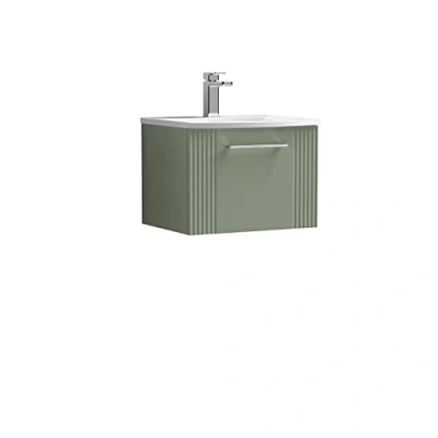 Image of nuie DPF891G Deco Modern Bathroom Wall Hung 1 Drawer Part Fluted Vanity Unit with Curved Ceramic Basin, Satin Green
