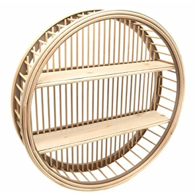 Image of 45CM Round Wall Hanging Mounted Wood Rattan Floating Shelf 2 Tier Storage Unit