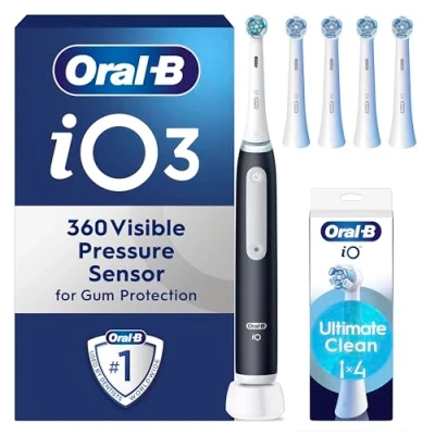 Image of Oral B iO3 Electric Toothbrushes Adults, 4 Toothbrush Heads, 3 Modes With Teeth Whitening, 2 Pin UK Plug, Black