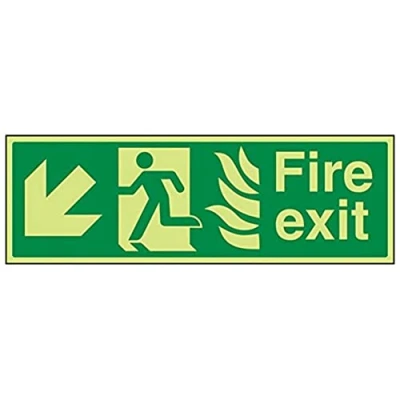 Image of VSafety Glow In The Dark NHS Fire Exit Arrow Down Left Sign 450mm x 150mm Rigid Plastic