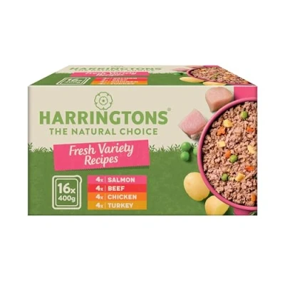 Image of Harringtons Complete Wet Tray Grain Free Hypoallergenic Adult Dog Food Classics Variety Pack 16x400g Salmon, Beef, chicken &amp; Turkey Made with All Natural Ingredients (Packaging may vary)