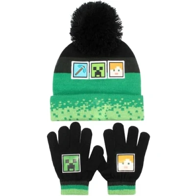 Image of Minecraft Winter Hat &amp; Gloves Set for Boys Warm Cosy Beanie Perfect Kids Ages 6 12 Green