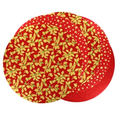 Image of Culpitt Red Selection Christmas Cake Boards, 10&quot;, Stars And Holly Festive, 3mm x 254mm 5 Pack, 10 Inch