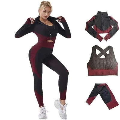 Image of Veriliss Women&#039;s 3pcs Gym Tracksuit Sweatsuit Activewear Sets 2024 Sport Yoga Fitness Clothing Ladies Workout Outfit Sportsuits for Running Jogging （BlackRed, M