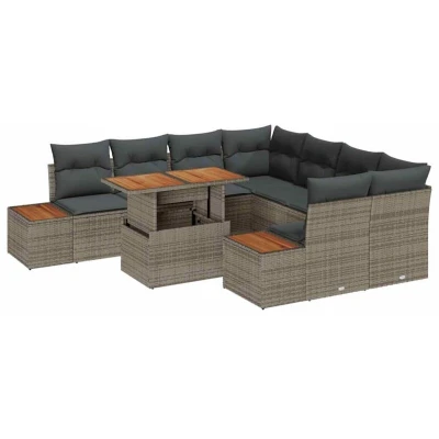 Image of vidaXL 9 Piece Garden Dining Set with Cushions Grey Poly Rattan Acacia