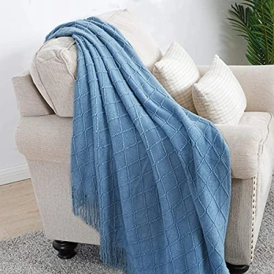 Image of LumiSyne Knitted Throw Blanket With Tassel Solid Color Geometric Plaid Pattern Cozy Couch Cover Soft Bedspread Decorative For Sofa Bed Settee 230x130cm