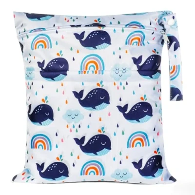 Image of Vicloon Wet Bag, 14 x 11 Inch Baby Cloth Nappy Bags, Bags with Double Zipper Pockets, Waterproof Reusable Washable Diaper for Babies Swimming Camping Travel Gym Beach Whale