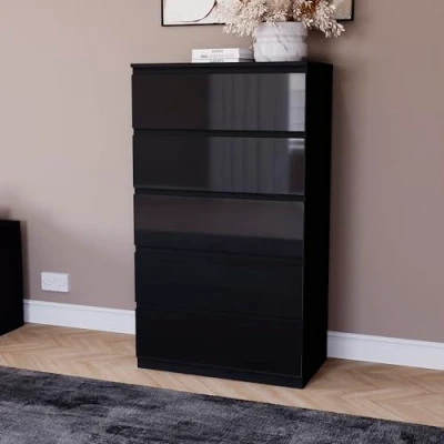Image of Vida Designs Glinton High Gloss Chest of Drawer, 100% FSC Certified Drawers for Clothes Closet Organizers and Storage Cabinet Hallway, Entryway (Black, 5 Drawer)