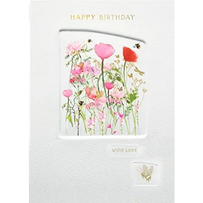 Image of Nigel Quiney Artistic Female Open &#039;Happy Birthday&#039; Greeting Card From The Flower Press Range Embossed With A Gold Foil Finish Poppy Illustration