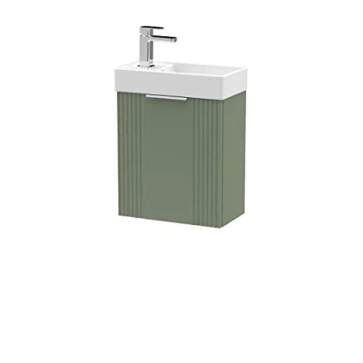 Image of nuie FLT890 Deco Modern Bathroom Wall Hung Part Fluted 1 Door Slimline Vanity Unit with Ceramic Basin, 400mm, Satin Green
