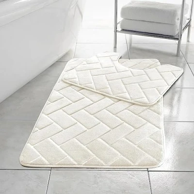 Image of HomeSpace Direct Blocks Non Slip Memory Foam Bath Mat/Toilet Mat Set Cream
