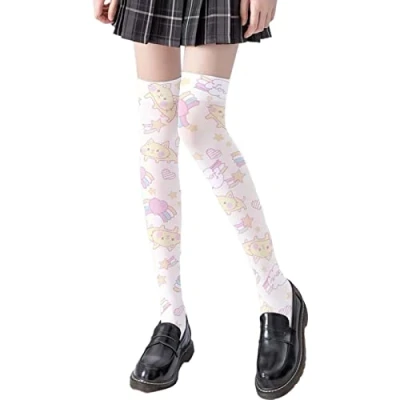 Image of KANGQL Long Socks, Lolita Cartoon Rabbit for Cat Print Thigh High Stockings Anime Kawaii Over Knee, Style 1