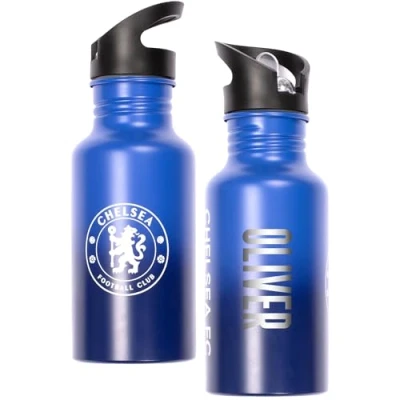 Image of Chelsea FC Personalised Metal Water Bottle 500ml Engraved Name School &amp; Training Gift for Boys Football Fans