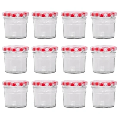 Image of Argon Tableware Glass Jam Jars with Airtight Red Gingham Lids 90ml Pack of 12 Empty Screw Top Kitchen Storage Jar for Food, Honey, Spice, Pickling, Preserving, Candle Making