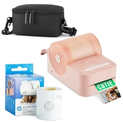 Image of HP Sprocket Panorama Instant Portable Color Label &amp; Photo Printer (Pink) Starter Bundle with case Zink roll
