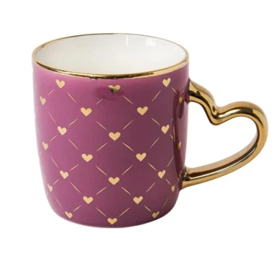 Image of Luxury Heart Handle Ceramic Mug 350ml with Gold Detail &amp; Romantic Print Assorted Styles