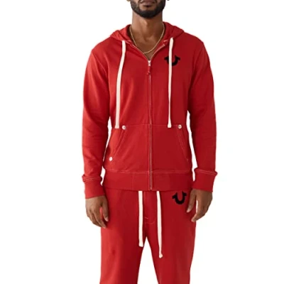 Image of True Religion Men&#039;s Buddha Logo Zip Hoodie Sweatshirt Hooded, Ruby Red W Black, M