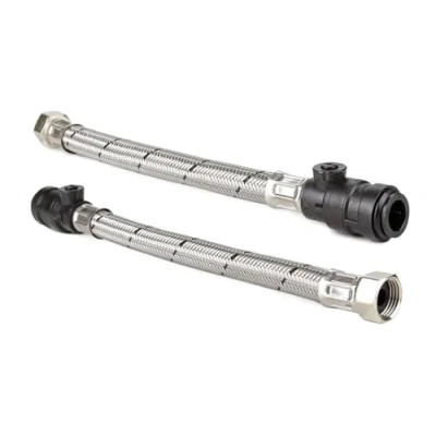 Image of Flexible Tap Hose Connector Pack of 2 Compression or Push Fit with isolating Valve 300mm Long (15mm Pushfit x 1/2&quot; F Isolating)