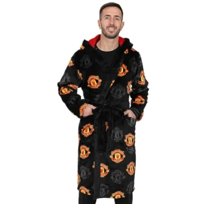 Image of Manchester United Mens Official F.C. Dressing Gown Fleece Hooded Man Utd Robe (Small)
