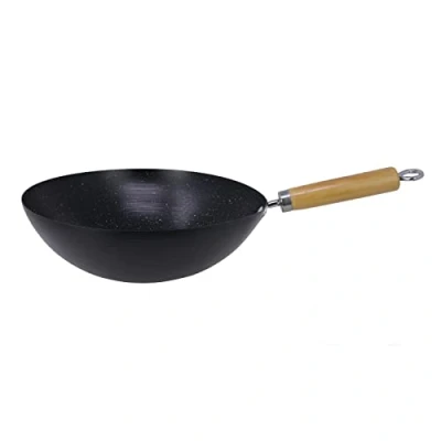 Image of Carbon Steel Wok Non Stick with Wooden Handle Stir Fry Pan Deep Frying Traditional Cooking Chinese Asian Curry Flat Bottom Base Wok, Black (26cm)