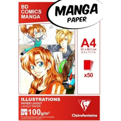Image of Clairefontaine Ref 94042C Manga Layout Paper for Colouring Glued Pad (50 Sheets) A4 (297 x 210mm) Size, 100gsm Paper, White &amp; Smooth, Ideal Markers, Bleedproof