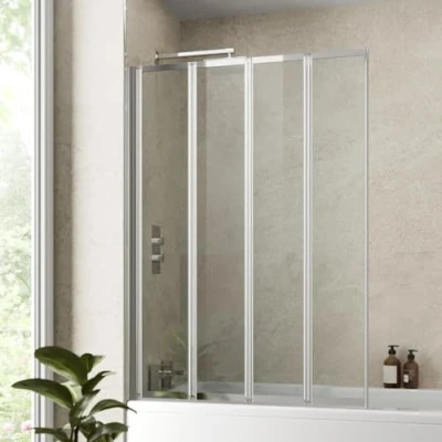 Image of Luxura® 4 Panel 1400 x 1000mm Chrome Over Bath Shower Screen Folding Hinged Door Glass Panels &amp; Screens for Baths, 4mm Toughened Safety Glass, 180 Pivot Swing, Reversible