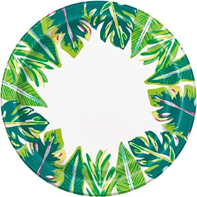 Image of Unique 20945 Paper Plates 23 cm Tropical Leaves Summer Party Pack of 8, Multicolour