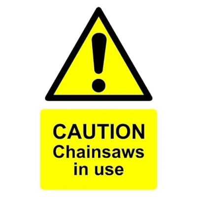 Image of Caution chainsaws in use safety sign 3mm Aluminium (300mm x 200mm)