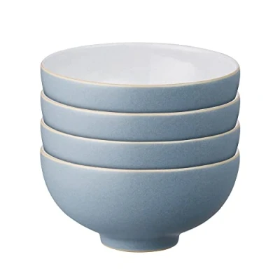Image of Denby Impression Blue Rice Bowls Set of 4 Dishwasher Microwave Safe Crockery Ceramic Stoneware Tableware