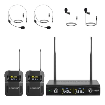 Image of Phenyx Pro UHF Wireless Microphone System w/ 2x30 Frequencies, Metal Cordless Mic Set, 2 Bodypacks &amp; Headsets/Lapel Microphones for Speaking, Singing, Church, DJ (PTU 52 2B)