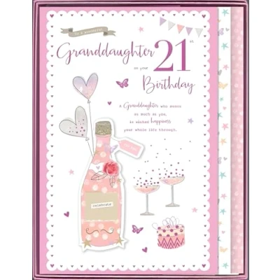 Image of Granddaughter 21st Birthday Large Boxed Card Age 21 Special Finishes Champagne Celebration Design Embellishments and Illustrated Insert Leaf Made in the UK