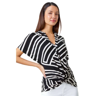 Image of Roman Originals Geometric Print Twist Stretch Top for Women UK Ladies Everyday Holiday Spring Summer V Neckline Comfy Soft Evening Vacation Work Party Black Size 20