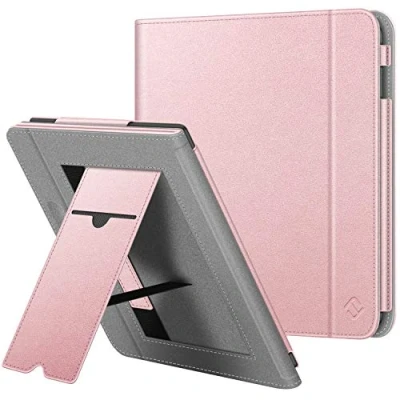 Image of FINTIE Stand Case for Kobo Libra H2O 7 inch eReader Premium PU Leather Protective Sleep Cover with Card Slot, Hand Strap and Auto Sleep/Wake Function 2019, Rose Gold