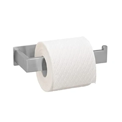 Image of WENKO Turbo Loc Genova Matte Toilet Paper Holder, Wall Holder for Roll, Attaches No Drilling with Adhesive Pad System, Stainless Steel Width 15.3 x Height 4.4 Depth 7.6 cm