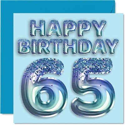 Image of 65th Birthday Card for Men Blue Glitter Party Balloon Happy Cards 65 Year Old Man Uncle Grandad Dad Grandpa Gran, 145mm x Sixty Five Fifth Bday Greeting Gift