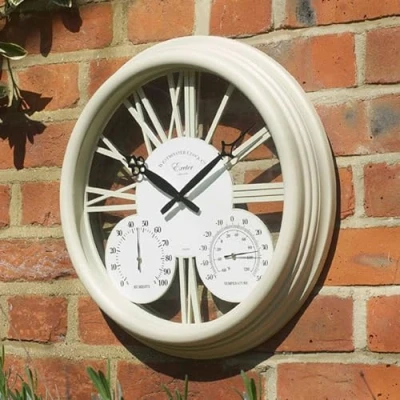 Image of Exeter Wall Clock &amp; Thermometer Battery Powered Weatherproof Indoor Outdoor Home Garden Quartz with Roman Numerals, Temperature Humidity Dials Measures H38.5 x W38.5 D6cm, Cream