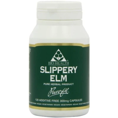 Image of Bio Health Slippery Elm 300mg Pure Powdered Bark Food Supplement for General Health, Soothes Digestive Issues, Coughs and Sore Throats, Additive Free 120 Capsules