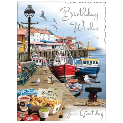 Image of Jonny Javelin Male Birthday Card Happy with Artistic Fishing Boats Harbour Design and Embossed Foil Details for Men