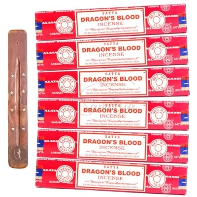 Image of Satya Nag Champa Dragons Blood incense sticks x6 pack with SAMASIA holder Used for Aromatherapy, Spa, Yoga, Weddings, Meditation, Healing, Positivity and Relaxation