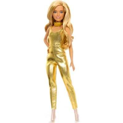 Image of Barbie Fashionistas Doll #222, Petite Body Type with Blonde Wavy Hair, Golden Jumpsuit &amp; Accessories, 65th Anniversary Collectible Fashion Doll, HRH19