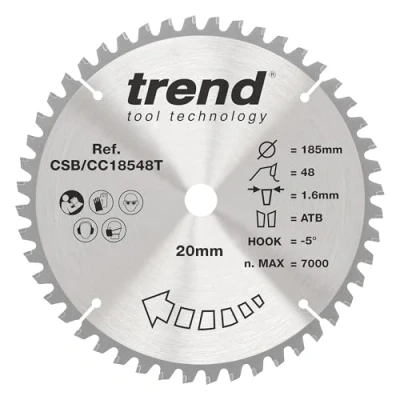 Image of Trend Wood Cordless Mitre Saw Blade, 185mm Diameter, 20mm Bore, 48 Teeth, 1.6mm Kerf, 5 Hook, TCT, Fine Finish, CSB/CC18548T